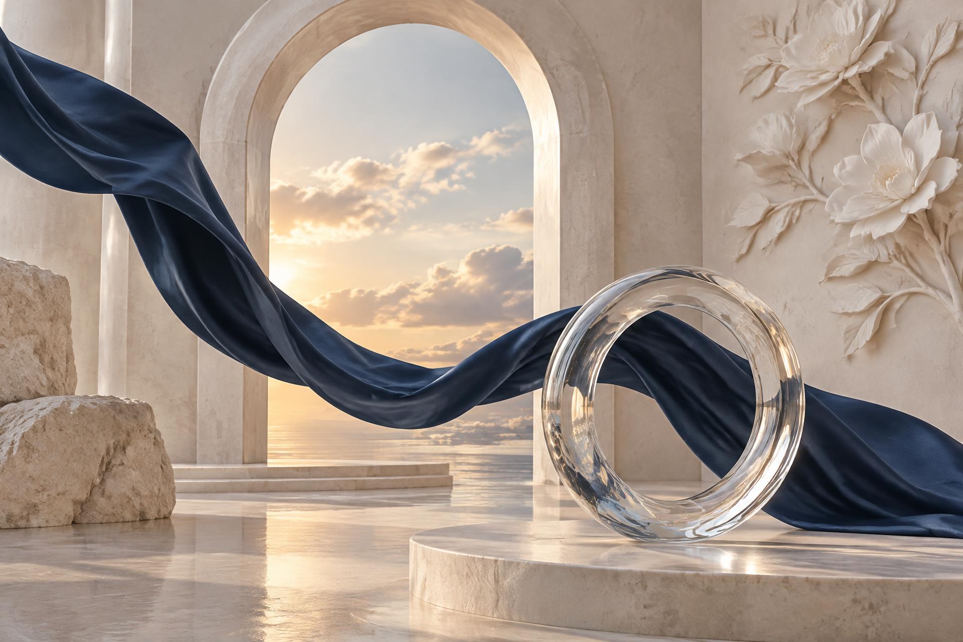 3D-artiges Portal aus hellem Stein mit dunkelblauem Band, Glasring und Blick in eine ruhige Wolkenwelt
